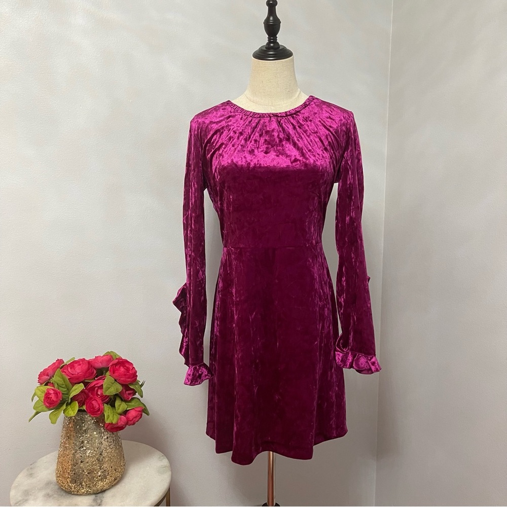 Highline Collective Long Ruffles Sleeves Velvet Mini Dress In Wild Berry Color